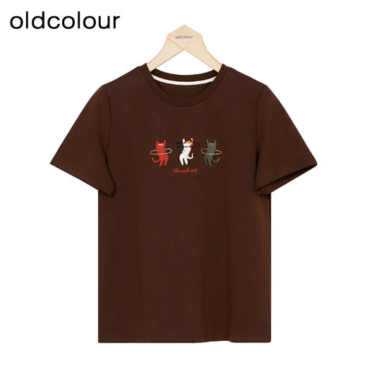 oldcolour秋季新款趣味猫咪刺绣时尚圆领短袖T恤女P310202B1 商品图2
