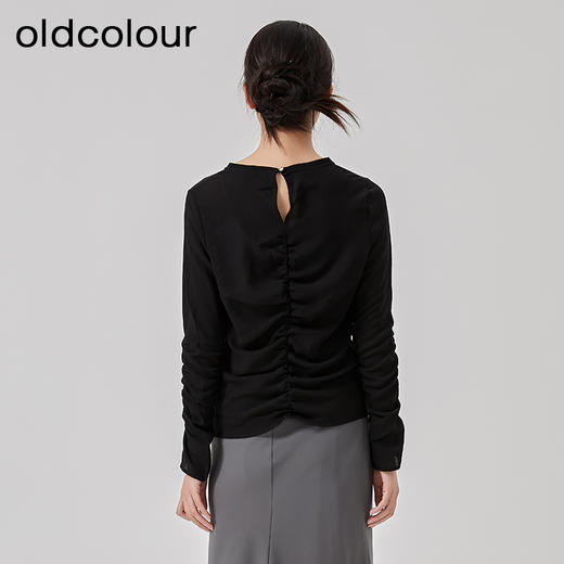 oldcolour2023春季新款黑色时尚修身褶皱设计长袖T恤女HO14023209 商品图4