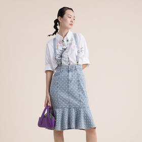 谜底纯棉牛仔半身裙2022夏季复古卡扣学带包臀鱼尾裙女222MB0508