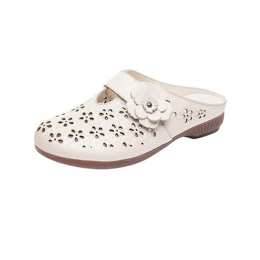 雀说头层牛皮平底拖鞋女牛筋软底镂空中老年包头舒适透气洞洞妈妈凉拖AL2307 商品图4