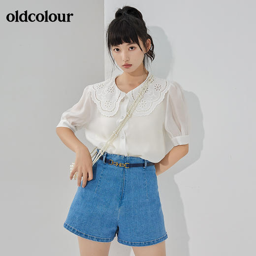 oldcolour夏季新品白色娃娃领薄款宽松百搭短袖衬衫上衣女 商品图0