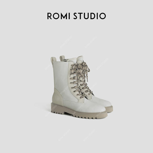 ROMI STUDIO“率性自我”牛反绒拼羊皮系带厚底高筒马丁靴 24SSS114 商品图0