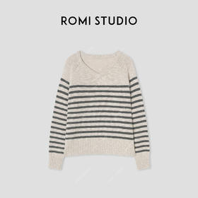 ROMI STUDIO“法式优雅”意大利6s绵羊毛混纺针织条纹毛衫 432T9132