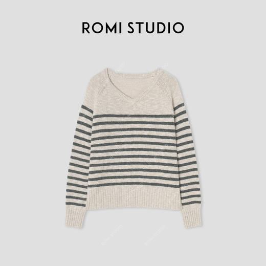 ROMI STUDIO“法式优雅”意大利6s绵羊毛混纺针织条纹毛衫 432T9132 商品图0