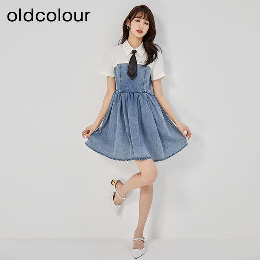 oldcolour2023夏新款纯棉学院风小个子牛仔拼接连衣裙GO21107708 商品图2