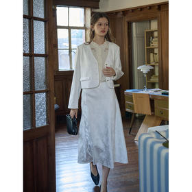 SimpleRetro清秋白茶 提花缎面 新中式西装套装女秋v领外套半身裙