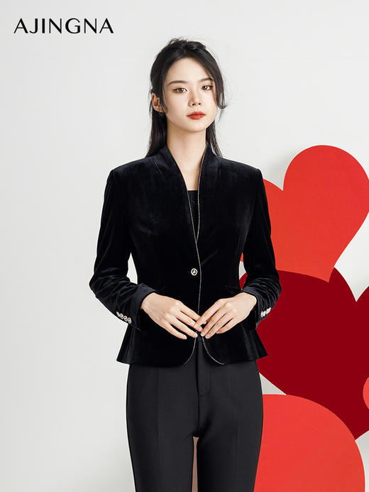 【商场同款】阿菁娜2024秋季新款立领V领丝绒外套A29Q107023 商品图1