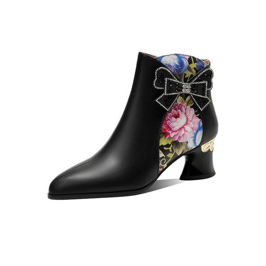 OLD2449 复古民族款尖头高跟女靴子春秋单靴女短靴中国风花朵鞋粗跟时装靴 商品图4