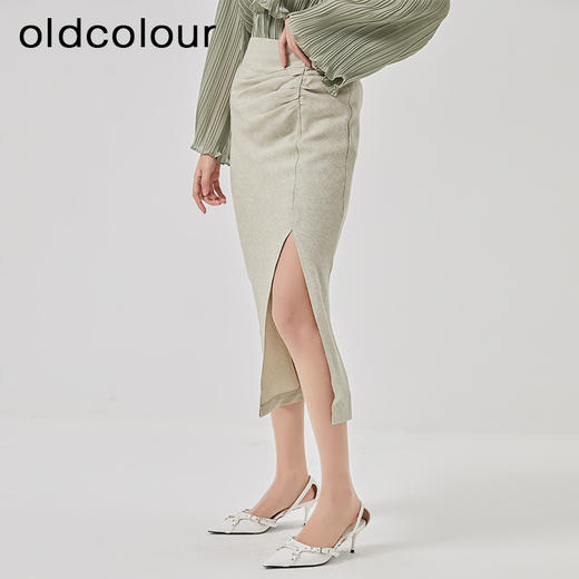 oldcolour2023春季新款高腰气质包臀抽褶开叉半身裙女HO14063423 商品图3