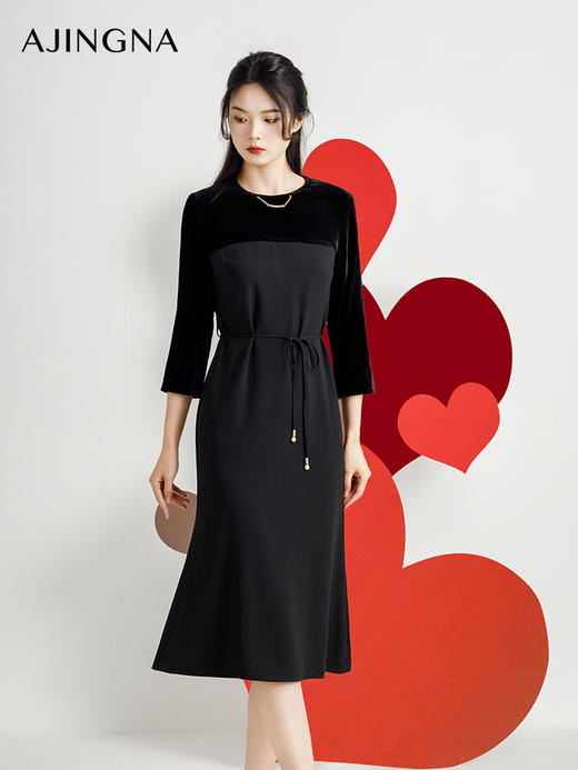 【商场同款】阿菁娜2024秋季新款七分袖丝绒拼接连衣裙A29Q112070 商品图1