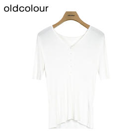 oldcolour夏季新款洋气百搭韩版V领短袖T恤女修身针织GP21052753