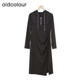 oldcolour秋季新款美式复古撞色开叉显瘦连帽卫衣长裙女P381003A1