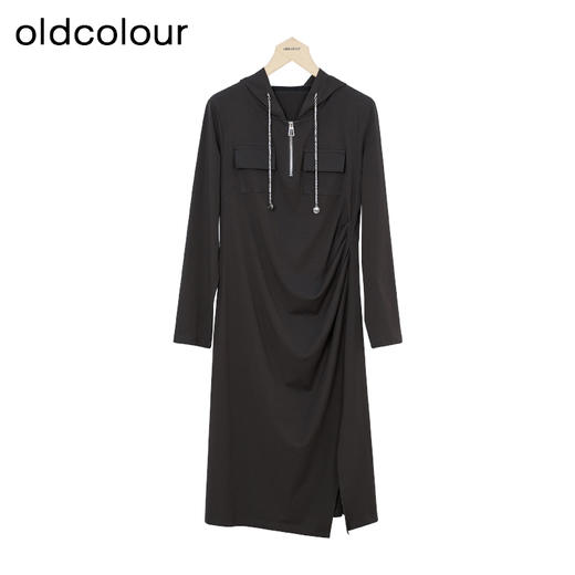 oldcolour秋季新款美式复古撞色开叉显瘦连帽卫衣长裙女P381003A1 商品图0