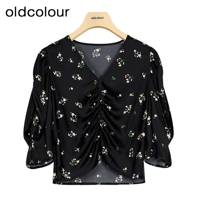oldcolour夏季新款法式泡泡袖V领短款碎花衬衫女上衣P25012541