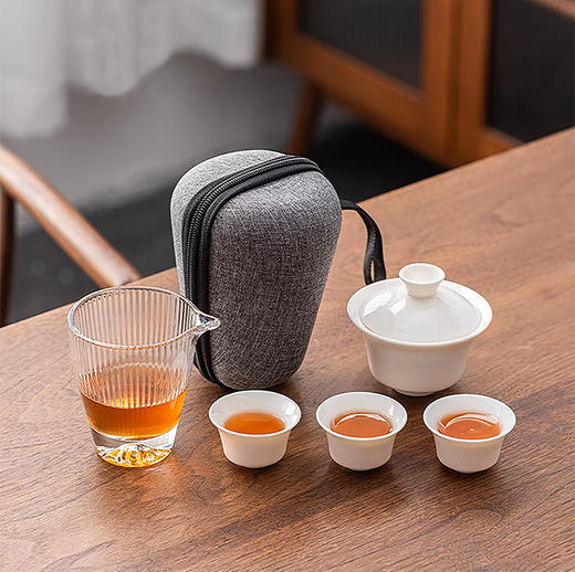沁茶悦旅丨白瓷快客杯 旅行茶具 125ml 1盖碗1公道3茶杯1收纳包 商品图1
