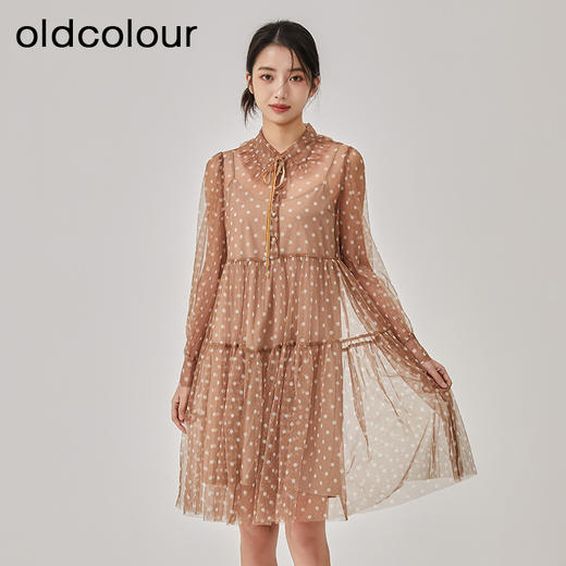 oldcolour春秋新款甜美气质波点网纱中长款连衣裙女GO11103625 商品图1