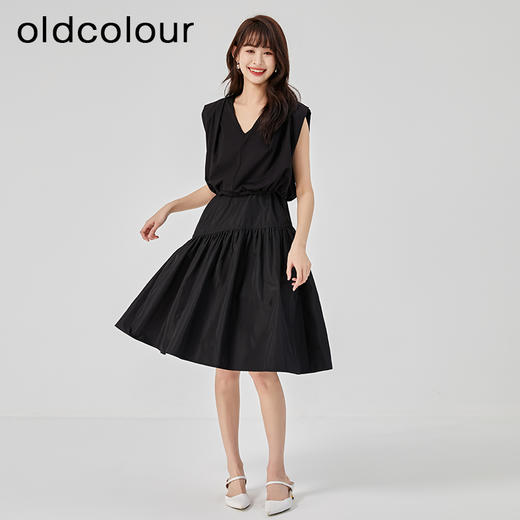 oldcolour2023夏季新款纯色气质高级无袖V领收腰连衣裙O22104445 商品图3
