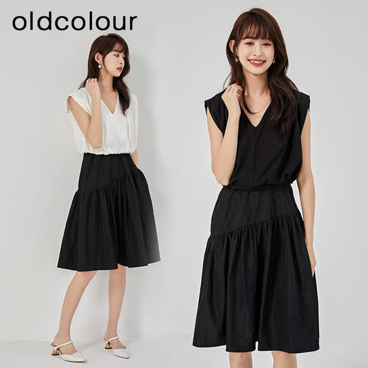 oldcolour2023夏季新款纯色气质高级无袖V领收腰连衣裙O22104445 商品图2