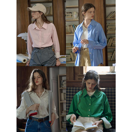 （小眠专属）SimpleRetro菲林书店 复古四色可拆卸两穿领型衬衫女简约男友衬衣 商品图1