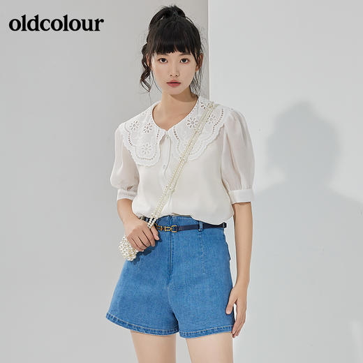 oldcolour夏季新品白色娃娃领薄款宽松百搭短袖衬衫上衣女 商品图4