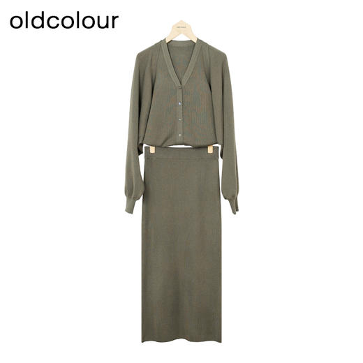 oldcolour秋季新款V领显瘦时尚灯笼袖针织连衣裙女P381401A1 商品图0