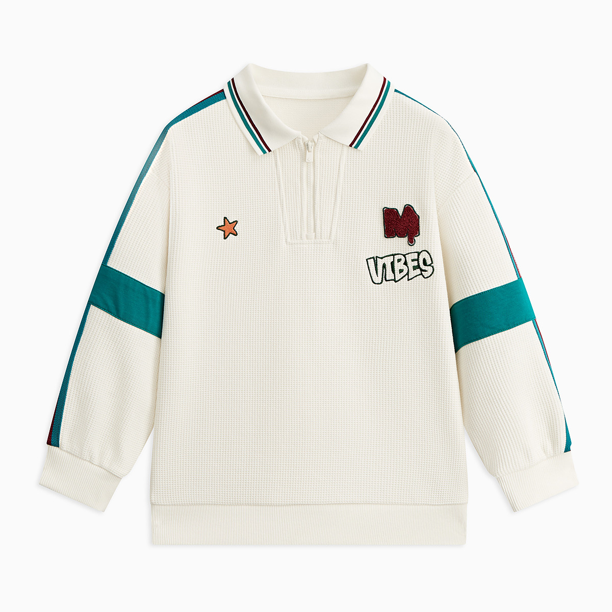 【秒3】【MQD】童装男大童华夫格肌理感翻领卫衣春新款学院风绣花撞色上衣