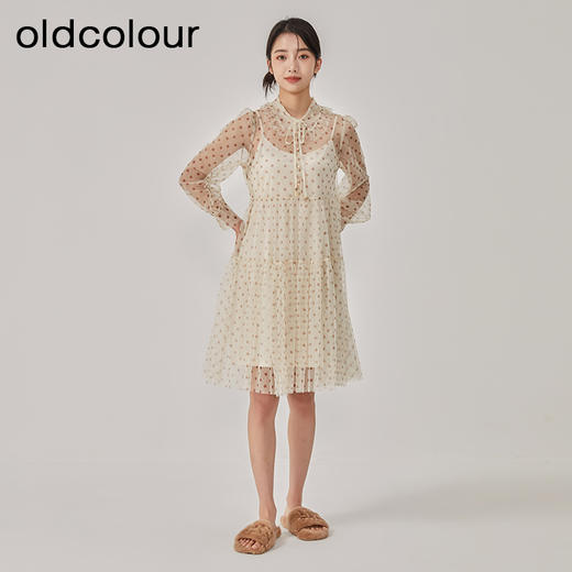 oldcolour春秋新款甜美气质波点网纱中长款连衣裙女GO11103625 商品图0