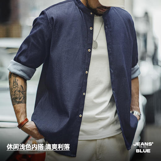 工装优选美式复古凉感冰丝牛仔衬衫水洗圆领休闲长袖衬衣外套男秋 商品图4
