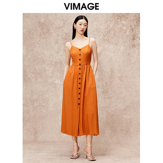 VIMAGE纬漫纪时尚露背时尚简约显瘦吊带橙色连衣裙秋新款V2207817 商品图4