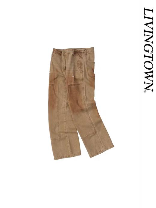 LIVINGTOWN/LT破洞泥染伐木微喇牛仔裤 商品图0