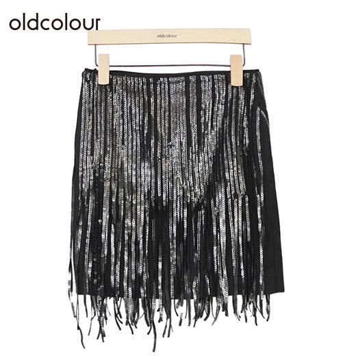 oldcolour亮片短裙冬季新款黑色复古高腰包臀半身裙女O41061154 商品图0