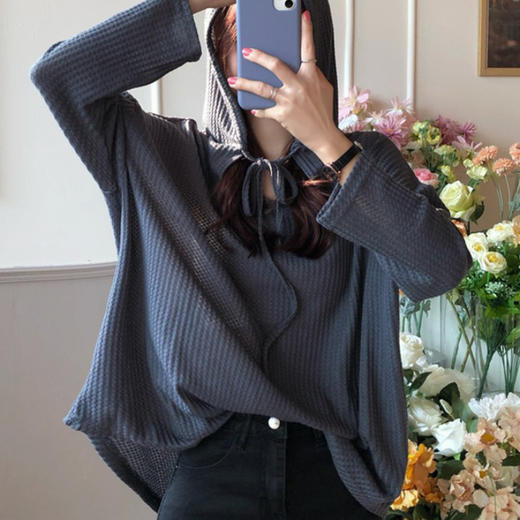 【洋气薄款宽松连帽T恤衫】春秋季 嘻哈风华夫格纯色女生长袖上衣服 商品图3