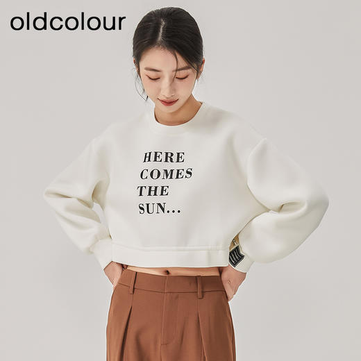 oldcolour2023春新款白色直筒高腰简约休闲短款卫衣女GO11023646 商品图0
