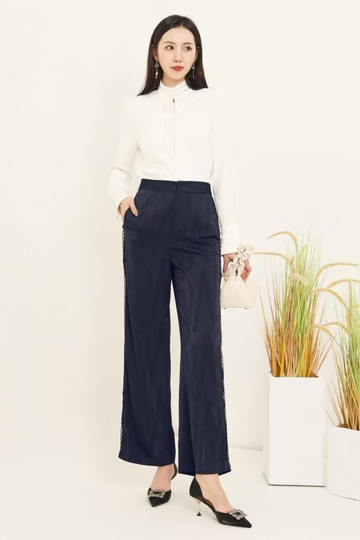 Le Malene 藏蓝色缎面质感长裤 13362 商品图4