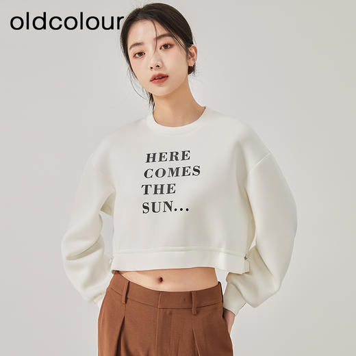 oldcolour2023春新款白色直筒高腰简约休闲短款卫衣女GO11023646 商品图3