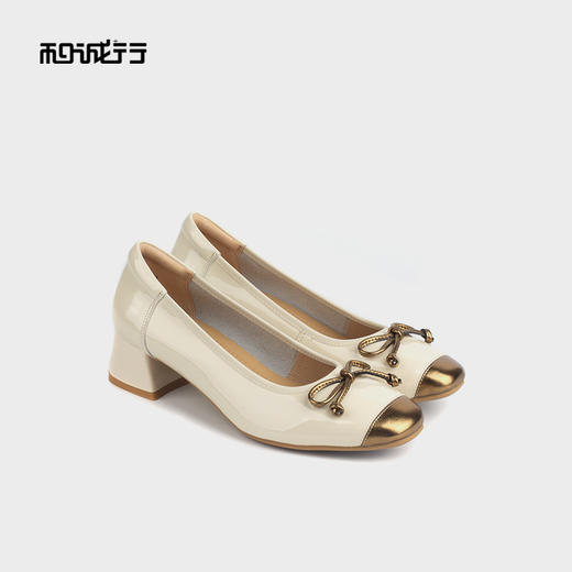 和诚行 2024秋冬新款真皮法式复古百搭女时尚拼色中跟单鞋2020011 商品图0