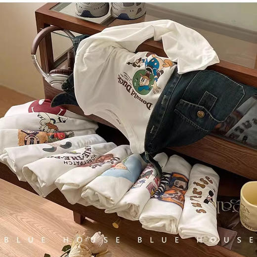 【买一送一】230克重磅印花长袖圆领宽松休闲百搭卡通纯棉内搭打底上衣 商品图2