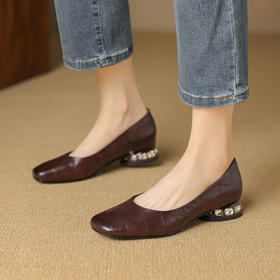 【预售5天】粗跟圆头低跟百搭，浅口舒适真皮单鞋QSNX&A683