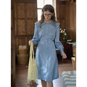 SimpleRetro青瓷芍药 文艺海军领缎面连衣裙女法式暗纹提花短裙子