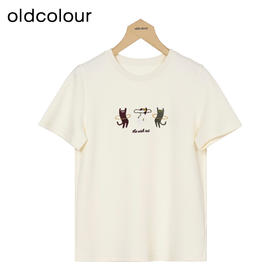 oldcolour秋季新款趣味猫咪刺绣时尚圆领短袖T恤女P310202B1