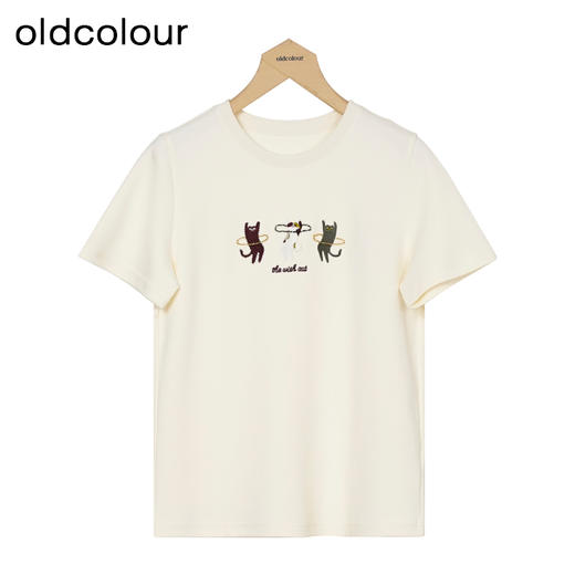 oldcolour秋季新款趣味猫咪刺绣时尚圆领短袖T恤女P310202B1 商品图0