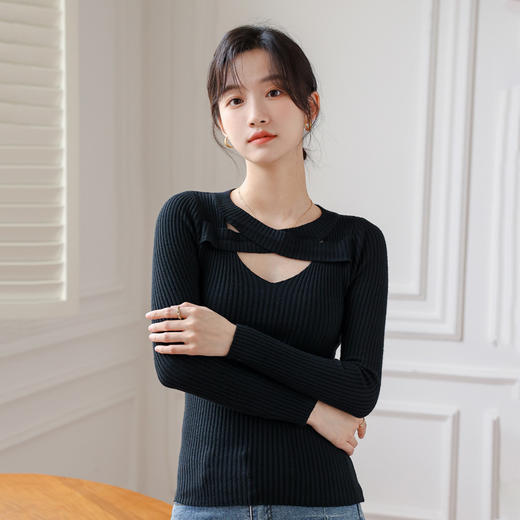 【V领交叉针织打底衫】春秋新款打底衫洋气高级感内搭上衣毛衣女设计感小众镂空针织衫女 商品图2
