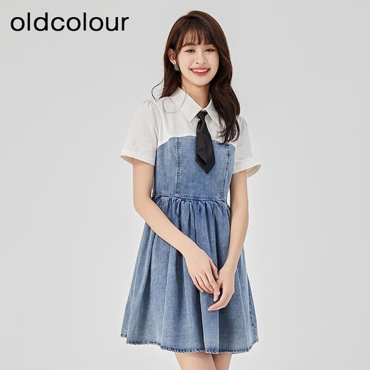 oldcolour2023夏新款纯棉学院风小个子牛仔拼接连衣裙GO21107708 商品图3