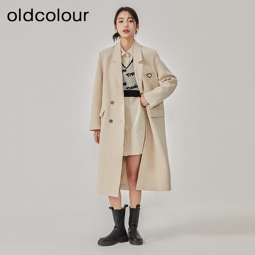 oldcolour2023春季新款杏色休闲简约长款西装风衣外套女O11043108 商品图2