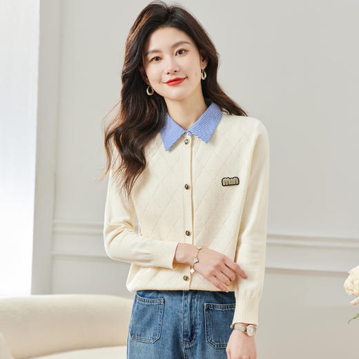 CC66-5801 衬衫领针织衫假两件上衣女2024春秋新款翻领洋气时尚开衫外套 商品图2