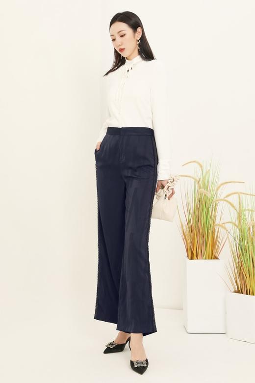 Le Malene 藏蓝色缎面质感长裤 13362 商品图1