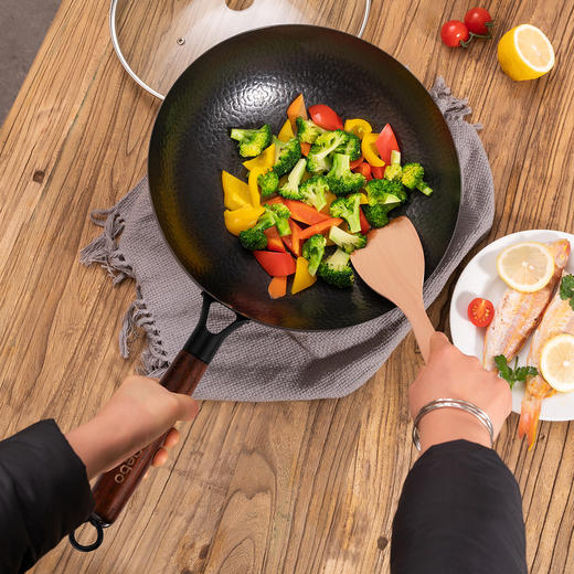 Debo德铂 新梅里萨炒锅32cm（带玻璃盖）无涂层精铁纹理炒锅 商品图2