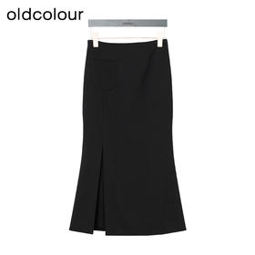 oldcolour秋季新款高腰设计感时尚开叉黑色鱼尾裙女GP31063011