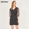 oldcolour春季V领撞色时尚收腰网纱气质中袖连衣裙N13102318 商品缩略图3