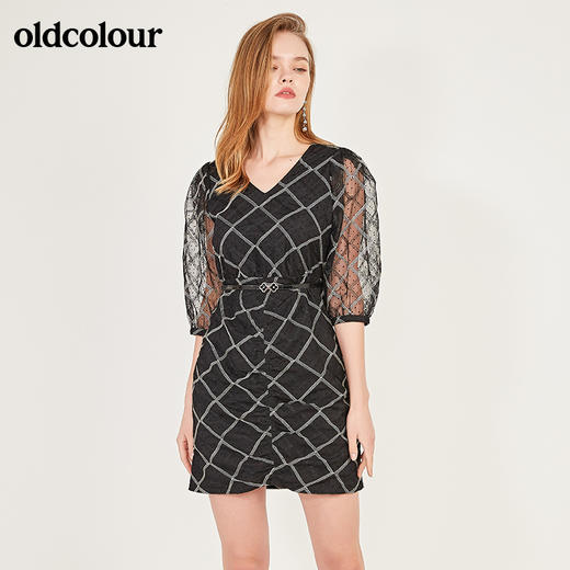 oldcolour春季V领撞色时尚收腰网纱气质中袖连衣裙N13102318 商品图3